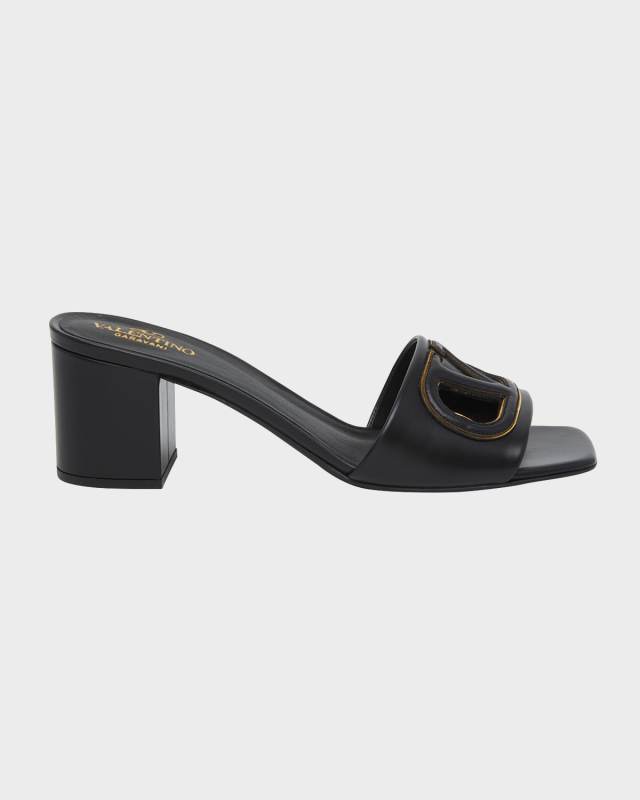 VLogo Leather Cutout Slide Sandals